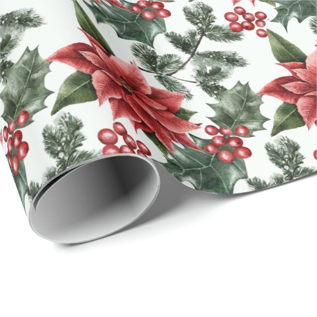 Papier Cadeau Noël Poinsettias Holly Berries et Feuilles (Coin rond)
