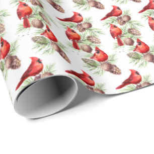 Papier Cadeau Noël Red Cardinal Birds Holly Berry Branch