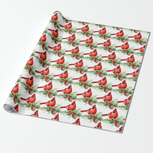 Papier Cadeau Noël Red Cardinal Birds Holly Berry Brunch Wr