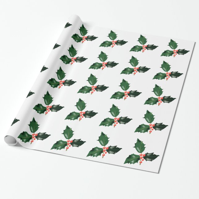 Papier Cadeau Noël Red Green Holly Berries Noël (Déroulé)