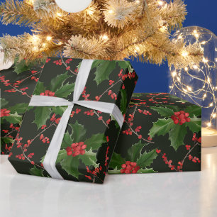 Papier Cadeau Noël Red Holly Berry et Feuilles verts