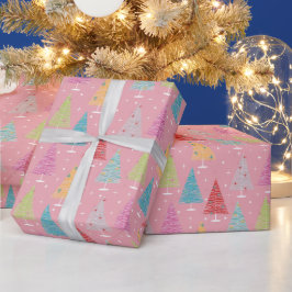 Papier Cadeau Noël rétro Arbres rose Noël