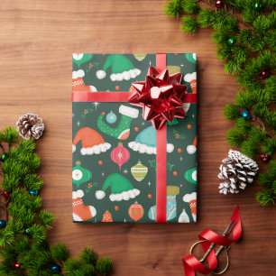 Papier Cadeau Noël Retro Ornements et Stockage Vert