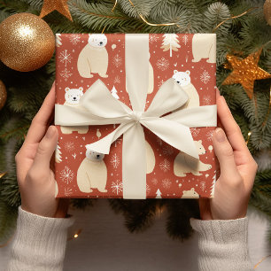 Papier Cadeau "Noël Rétro Ours Rouge Et Blanc Et Arbre