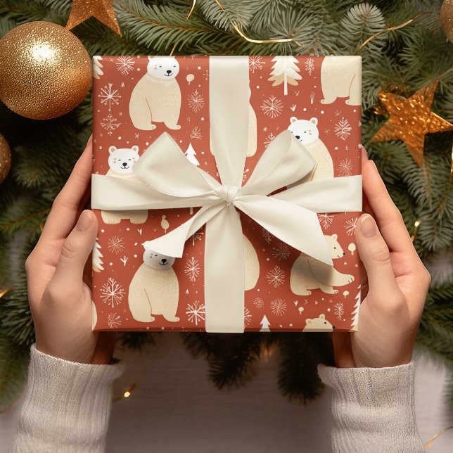 Papier Cadeau "Noël Rétro Ours Rouge Et Blanc Et Arbre (Créateur téléchargé)