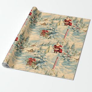 Papier Cadeau Noël Rétro Vintage : Père Noël Village Neige