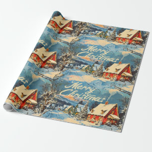 Papier Cadeau Noël Rétro Vintage : Scène de village de neige