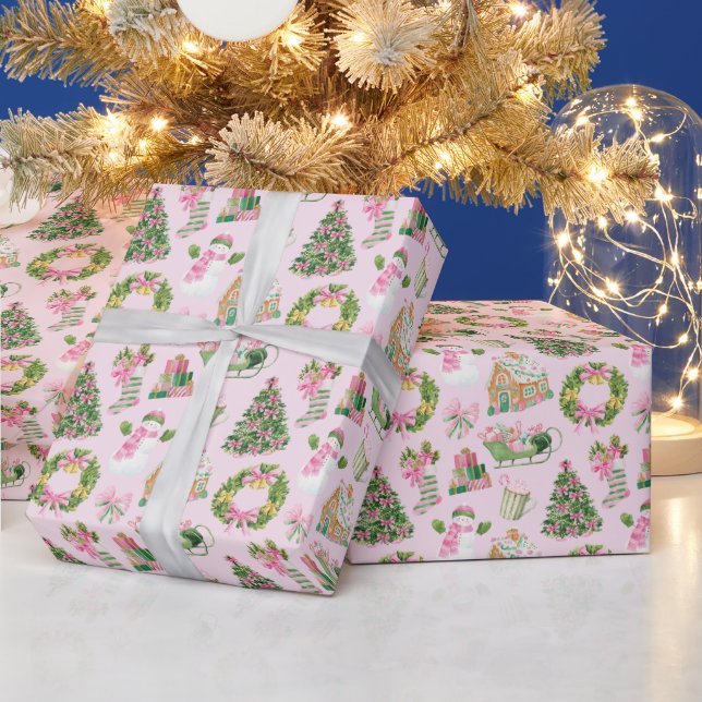 Papier Cadeau Noël rose et vert Preppy (Vacances)