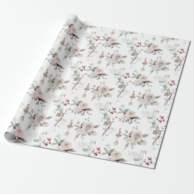 Papier Cadeau Noël rose floral Ballerina et cadeau de cygne (Déroulé)