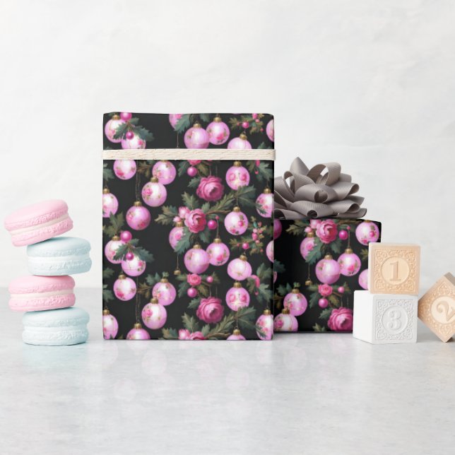 Papier Cadeau Noël rose Floral Ornements & Camellias Noir (Baby Shower)