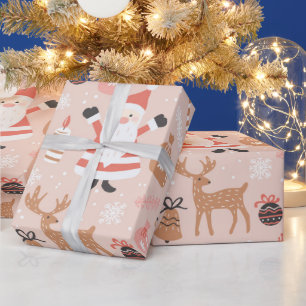 Papier Cadeau Noël rose mignon Arbre de Noël Snowman Reindeer