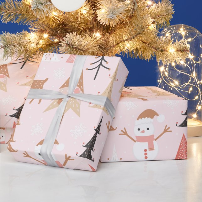 Papier Cadeau Noël rose mignon Arbre de Noël Snowman Reindeer (Vacances)