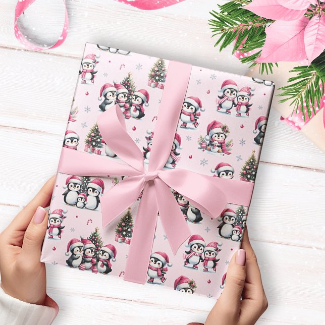 Papier Cadeau Noël rose Motif des pingouins mignons (Créateur téléchargé)