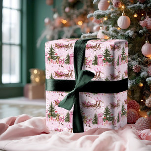 Papier Cadeau Noël rose Père Noël Reindeer North Pôle Village