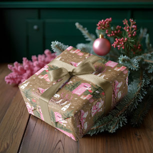 Papier Cadeau Noël rose Père Noël Reindeer North Pôle Village