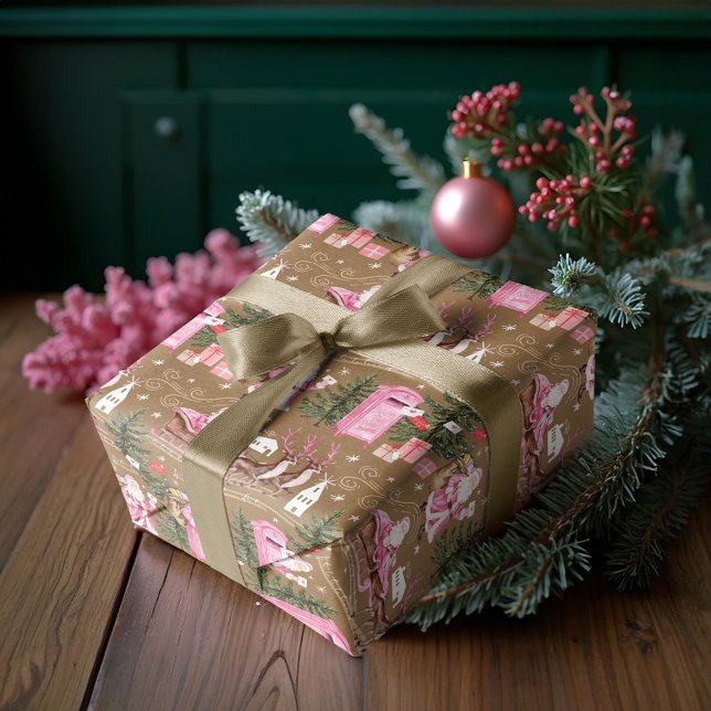 Papier Cadeau Noël rose Père Noël Reindeer North Pôle Village (Pink Christmas Santa Reindeer North Pole Village Wrapping Paper)