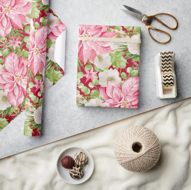 Papier Cadeau Noël Rose Poinsettia Fête Florale (Artisanat)