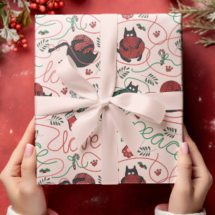 Papier Cadeau Noël rose vif Paix et amour Fils Kitties