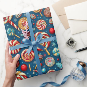 Papier Cadeau Noël Rouge Blanc Bonbons Lollipop Bleu