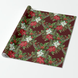 Papier Cadeau Noël Rouge & Blanc Poinsettia, Holly Berry