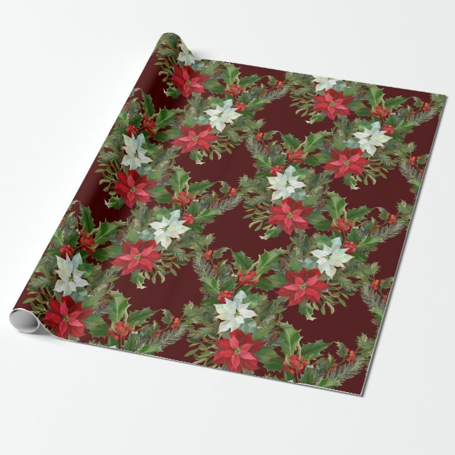 Papier Cadeau Noël Rouge & Blanc Poinsettia, Holly Berry (Déroulé)