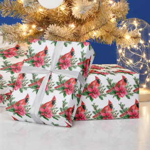 Papier Cadeau Noël Rouge Cardinal Oiseaux Pine Cônes Branche