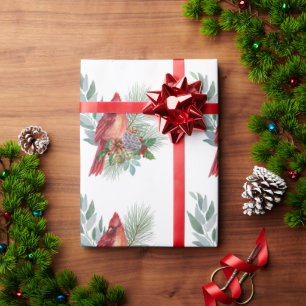 Papier Cadeau Noël Rouge Cardinal Vert Aquarelle