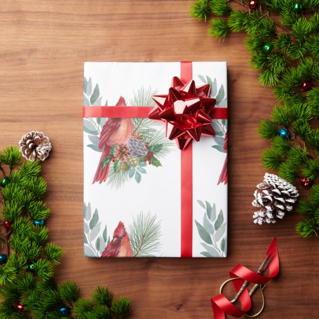 Papier Cadeau Noël Rouge Cardinal Vert Aquarelle (Cadeau de vacances)