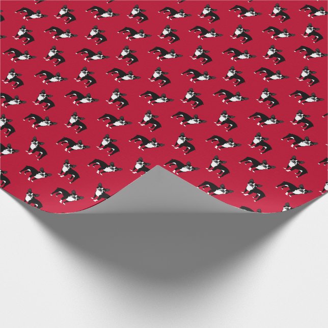 Papier Cadeau Noël rouge chien de Boston Terrier (Coin)
