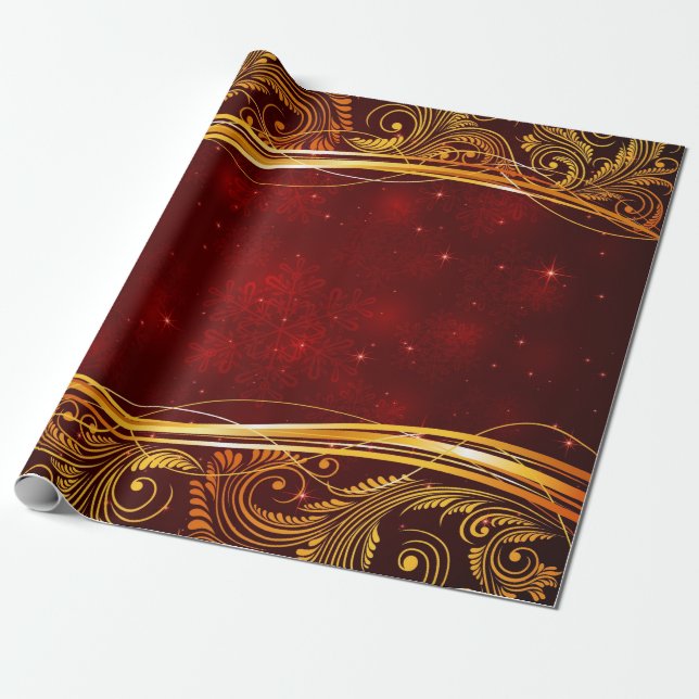 Papier Cadeau Noël rouge foncé et d'or (Déroulé)