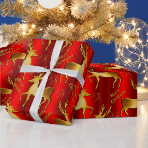 Papier Cadeau Noël rouge métallique et renne doré