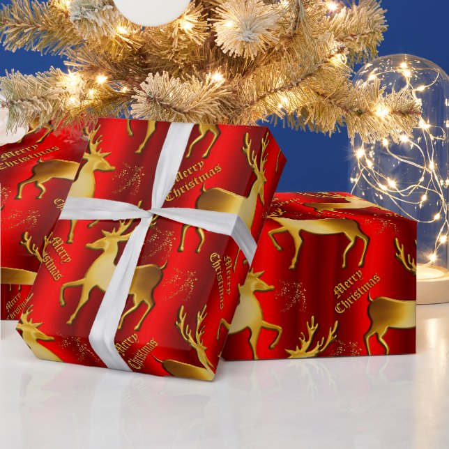 Papier Cadeau Noël rouge métallique et renne doré (Vacances)