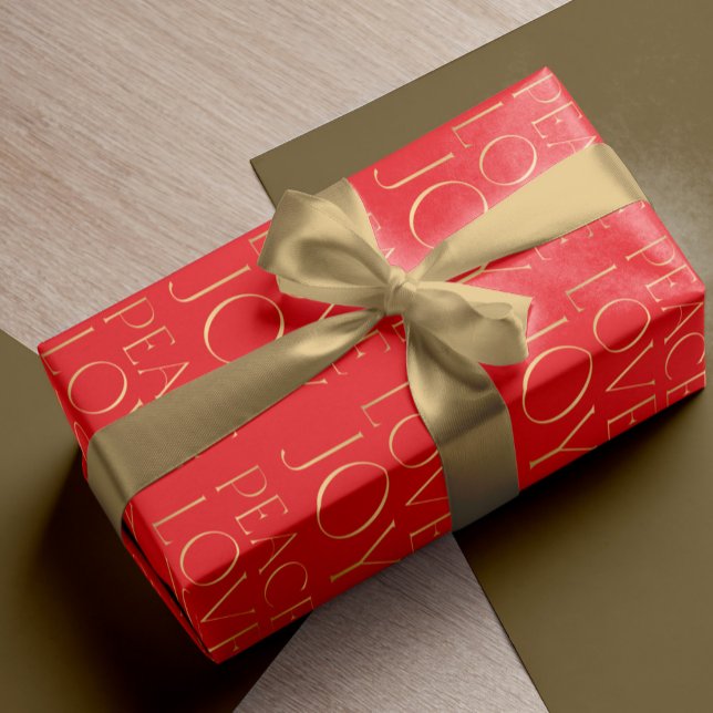 Papier Cadeau Noël rouge or typographie Paix Amour Joie (Créateur téléchargé)