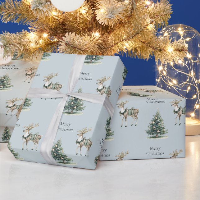 Papier Cadeau Noël Russe Bleu Gris Vert Cerf Arbre (Vacances)