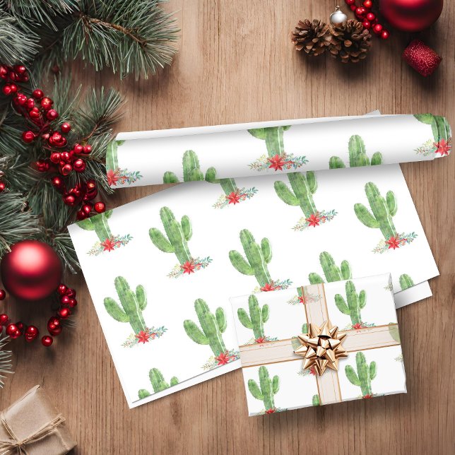 Papier Cadeau Noël rustique Cactus Fête Florale (Rustic Christmas Cactus Floral Holiday Wrapping Paper)