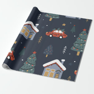 Papier Cadeau Noël sans couture motif avec arbre de Noël, voitur
