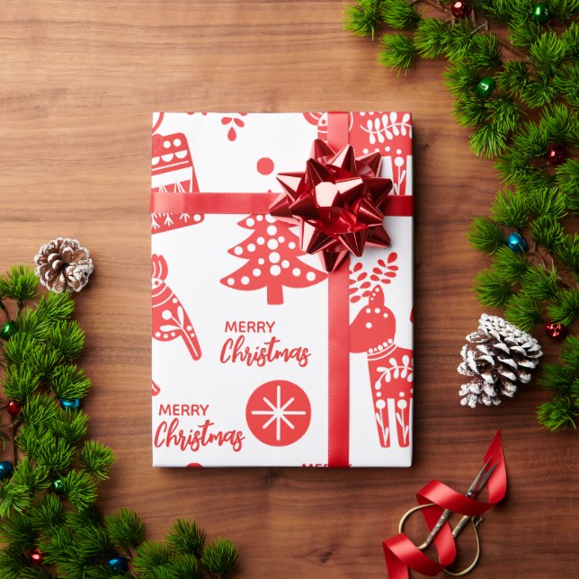 Papier Cadeau Noël scandinave Fête rouge et blanche (Cadeau de vacances)