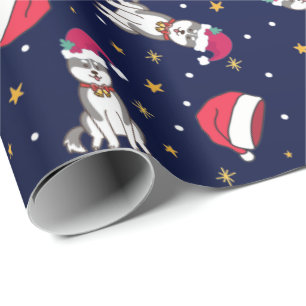 Papier Cadeau Noël Sibérien Husky Bleu Avec Chapeau De Santa