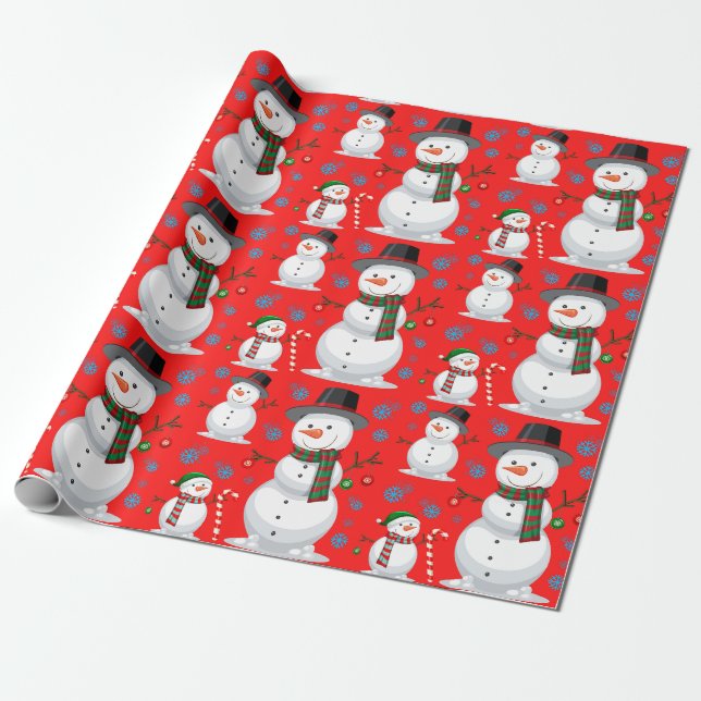 Papier Cadeau Noël Snowman, Snowflakes, Sucre de canne Red (Déroulé)