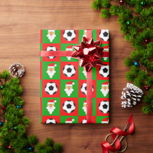 Papier Cadeau Noël Soccer Balls & Santa Clause Rouge & Vert