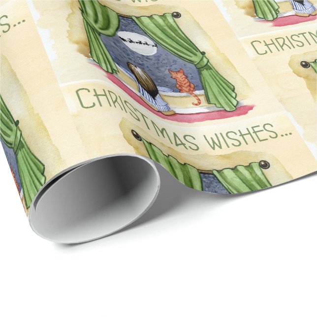 Papier Cadeau Noël Souhaite Mignonne Enfant & Kitty Chat Noël (Coin rond)