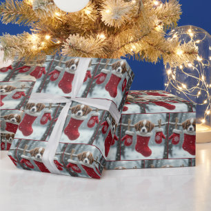 Papier Cadeau Noël St. Bernard Puppy dans une réserve rouge