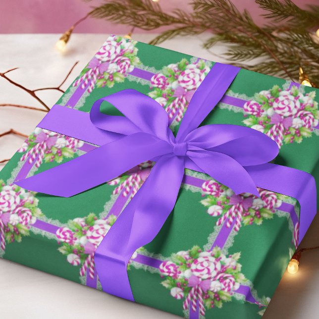 Papier Cadeau Noël sucre de canne violet et rose (Pink candy and purple ribbon shine on this Christmas green background!)