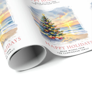 Papier Cadeau Noël sur la plage côtière personnalisé à l'aquarel