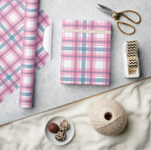 Papier Cadeau Noël Tartan Rose Et Bleu