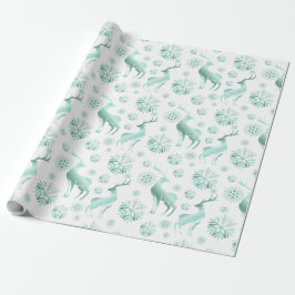 Papier Cadeau Noël Turquoise de flocons de neige et rennes métal