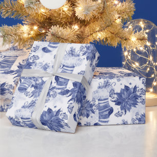 Papier Cadeau Noël Vacances Bleu Hiver Bas Poinsettia