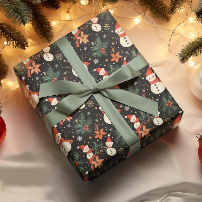 Papier Cadeau Noël Vacances d'hiver Motif floral Snowman (Cute Christmas Winter Holiday Snowman Poinsettia, Pine and Berries Floral Pattern Wrapping Paper)