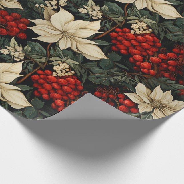 Papier Cadeau Noël/Vacances Poinsettias Berries rouges Verdure (Coin)