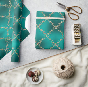 Papier Cadeau Noël Vacances Turquoise or Parties scintillant Dam
